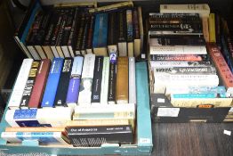 Three boxes of books including titles 'Out of Antartica' Robert Argod and 'Somme' Lynn Macdonald