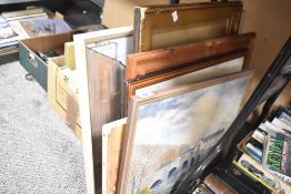 A group of pictures and prints to include a tropical scene on canvas etc.