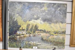 Chris Law (20th century) oil on board, impressionistic river or estuary scene with boats and