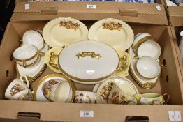 A French porcelain part dinner/tea service having gilted edging to white porcelain sold alongside