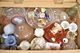 A selection of assorted glassware including trinket boxes and cheese dome, a small selection of