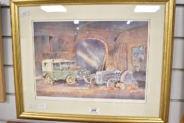 After G.T Brook (20th/21st century) limited edition colour print, barn interior with Landrover and