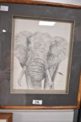 C E Rich (British, 20th Century) pencil drawing of an elephant, signed lower right, within card