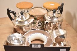 A silver-plated four piece tea set sold alongside a Poole pottery Posy ring vase etc.