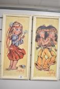 A pair of framed big-eyed girls, in white gilted frames, signature to front.