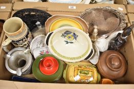 A vintage Robert Emig style pedestal dish, a silver plated circular tray and a Stavangrflint