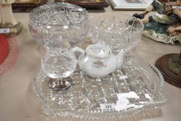 A white porcelain small teapot having pink floral motifs sold with a selection of cut-glass items