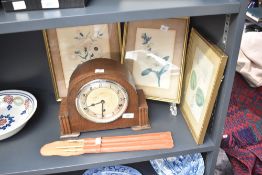 A vintage James Walker Ltd mantel clock sold alongside three framed botanical prints etc.