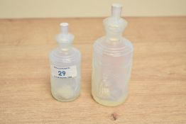 Two Marius Sabino Art-Deco Opalescent perfume bottles, largest measures 13cm tall.