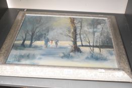 Artist unknown, 20th century oil on board, figures within a winter woodland landscape, unsigned