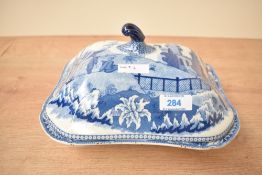 An antique Davenport blue and white porcelain lidded tureen, impressed mark to underside.