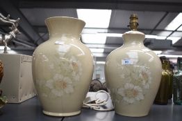 A large Denby stoneware 'Daybreak' pattern vase measuring 30cm tall sold together with a lamp of