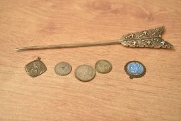 A small silver-plated arrow like hat pin etc.