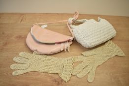 Two vintage handbags with matching open weave gloves, comprising a pastel pink smooth leather semi-