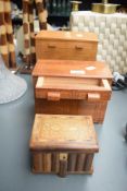 A group of three interesting wooden boxes with two having secret drawers, largest measures 20cm x