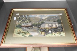 A framed cross stitch artwork with local interest, depicting Yew Tree Farm, Coniston, The Lake