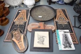 A pencil drawing of an old Asian man, framed, 12cm x 18cm overall, sold together with a metal bowl