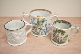 A group of three Victorian Staffordshire Pottery Frog Mugs, largest measuring 13cm tall.