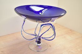 A vintage Jozefina Krosno Jellyfish glass bowl, in cobalt blue, measures 25cm tall.
