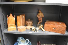 A walnut vanity box sold together with wooden money box shaped as a throne and two wooden money