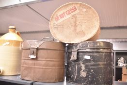 Three antique hat boxes, two metal and one card labelled 'from G.A. Dunn & Co. Ltd. Hat Makers...