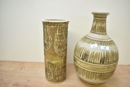 A large studio pottery vase having striped design measuring 36cm tall sold together with a