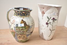 A Tower House Pottery jug depicting 'Berwick Upon Tweed', having hand signature to underneath
