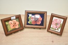 A group of three framed Moorcroft Pottery ceramic tiles comprising Robin, Hibiscus and Red Hibiscus,