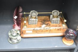 A vintage desk set having dual ink wells sold with feather quill and spectacles etc.
