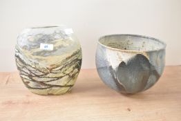 A large studio pottery bowl having signature to underside, diameter measures 20cm, sold alongside