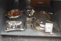 A selection of silver plated items to include tankards and serving platter etc.