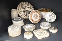 A group of twelve vintage advertising cosmetic pots and lids to include 'Almond Shaving Cream' and