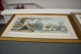 E Sturgeon (British, 20th Century) colour print 'Washerwoman and Geese', signed lower right,