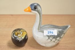 A vintage art-glass goose study sold alongside a small glass paperweight signed by William Walker.
