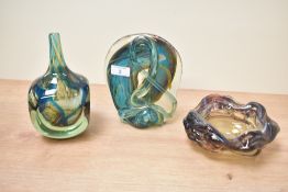 Three items of vintage Mdina glass comprising a 'Blue Summer' abstract knot sculpture, a similar
