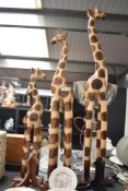 Three graduating wooden Giraffe sculptures, largest measuring 100cm tall.