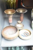 A small selection of eastern Benares type brass wares, two bowls, two flared vases and hand bell.