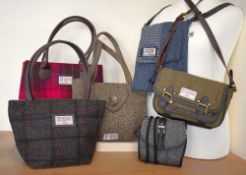 Six Harris Tweed handbags in a range of colours and styles to include a khaki / multi flecked