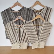 Four vintage wool waistcoats or tank tops, hand knitted with hand-spun yarn in neutral mix of brown,