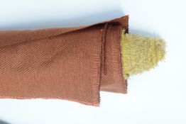 Two bolts of woven interiors/upholstery fabric, wool mix and linen blend, in mustard with brown