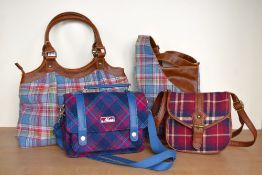 Four tartan bags in blue, red and green wool/synthetic mix plaid, to include Scotland brands Brodie,