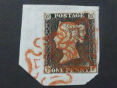 GB 1840 1d PENNY BLACK PLATE 1a 4 MARGINS LETTERS TF ON PIECE 1d black, 4 margins, - Tight to bottom