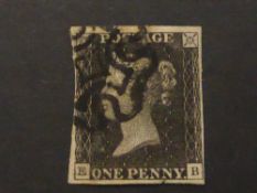 GB 1840 1d PENNY BLACK PLATE 5 4 MARGINS LETTERS EB TIED BLACK MALTESE CROSS 1d black, 4
