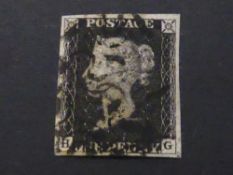 GB 1840 1d PENNY BLACK PLATE 8, 4 MARGINS, LETTERS HG 1d black, 4 margins, corner letters HG,