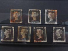 GB 1840 1d PENNY BLACK RANGE OF 7, 4 MARGIN UNPLATED IN STOCK CARD Lovely group of blacks, all
