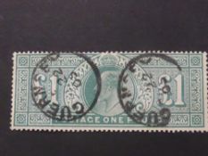 GB EVII £1 GREEN WITH TWO GUERNSEY CDS's TO FRONT OF VALUE Card with fine £1 green (SG266). Well