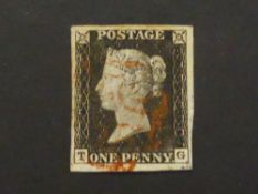 GB 1840 1d PENNY BLACK PLATE 4 4 MARGINS LETTERS TG TIED RED MALTESE CROSS 1d black, 4 margins,