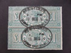 GB 1887 £1 GREEN IN PAIR CORNER LETTERS AP, AQ WITH OVAL REGISTERED CANCEL Wonderful pair of £1