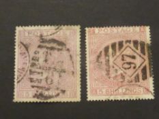 GB 1867/74 5 SHILLING PALE ROSE, PLATES 1 & 2 IN CARD Pair of pale rose 5 shilling stamps from the