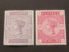GB 1883 2/6- LILAC & 5/- CRIMSON VALUES, BOTH MOUNTED MINT Card with 2/6- in lilac and 5 shilling